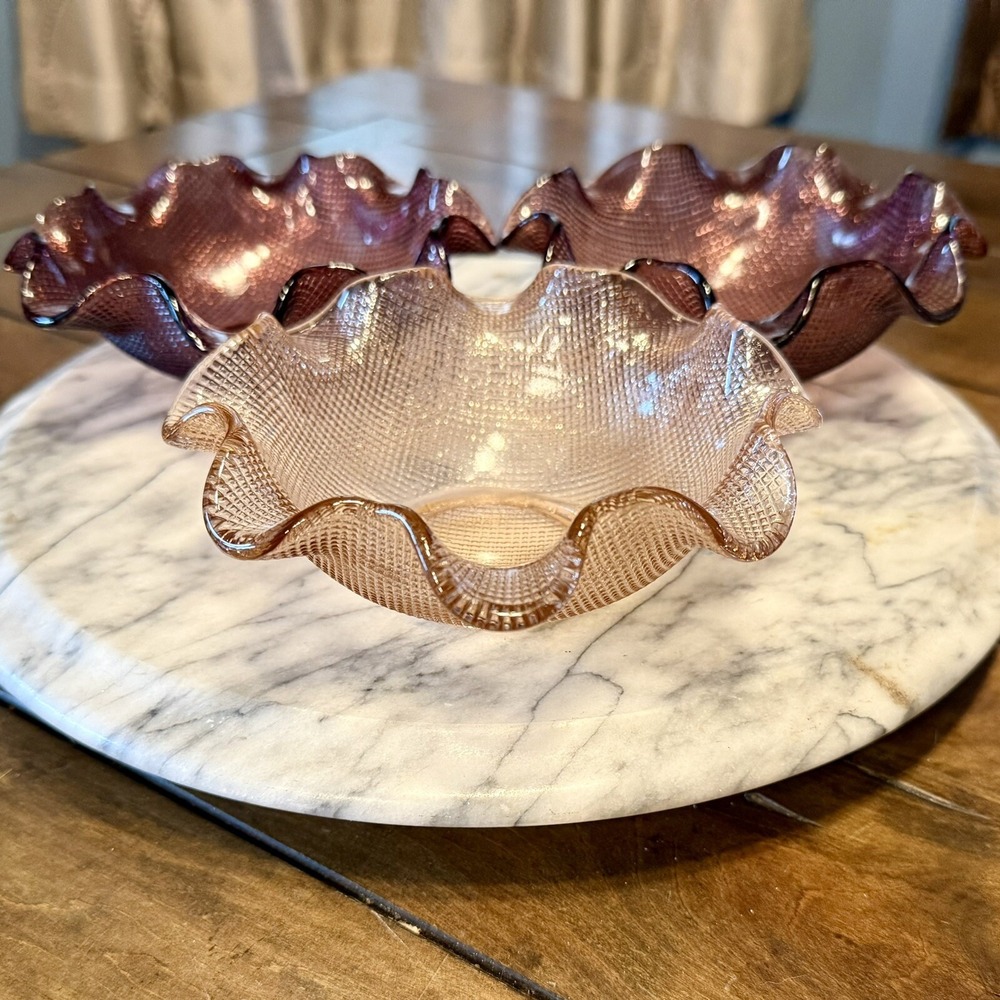 3pc VTG 60s Italy Colony Purple Pink Ruffle Lettuce Edge Waffle Candy Bowls - Picture 2 of 6